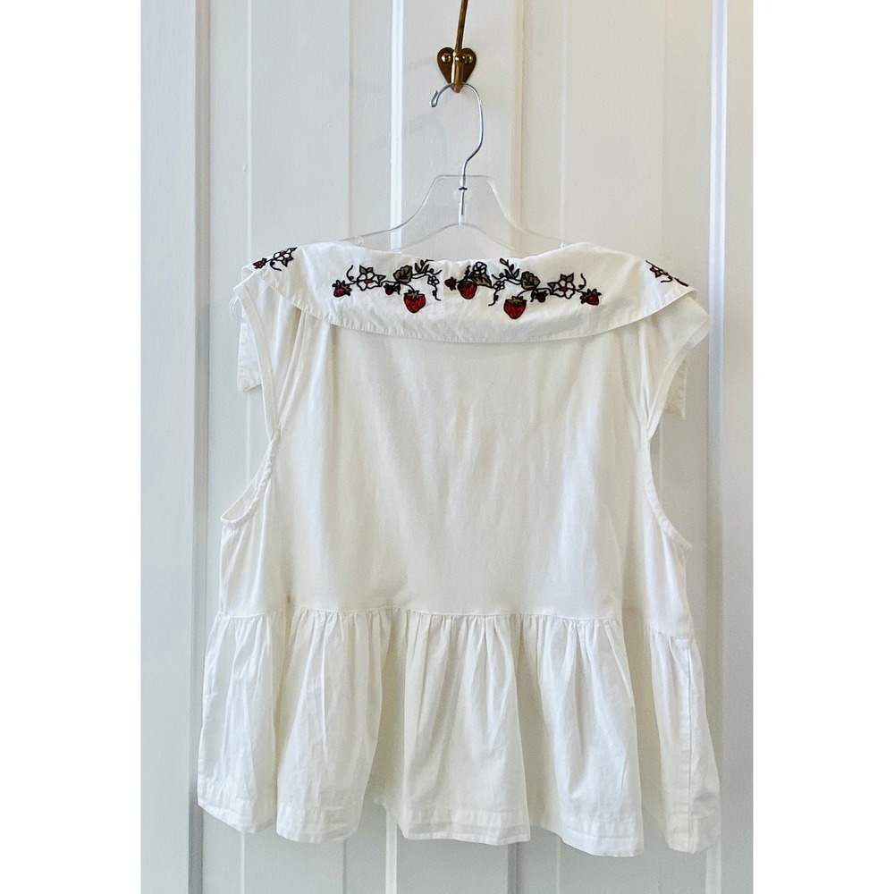 Maeve Anthropologie Strawberry Embroidered Fruit Babydoll Top White Ivory size M - Picture 8 of 16